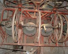 DSC00352 Bell chamber from above. No. 1 on right is rung up. No2. appears to have a broken stay! Note the unusual headstock of No.4 on left.