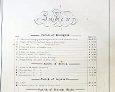 DSC01816 Index of Rowington Estates Charity property book, detailing the charity's property portfolio in 1855