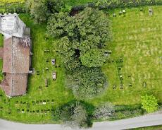 Haseley Pano2 Full view of the Haseley Graveyard annotated with grave numbers
