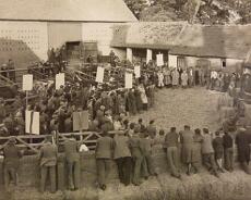 P1040007 War Agricultural Executive Committee meeting at an unidentified farm c1940. The local committees promoted good farming practices to increase production during...